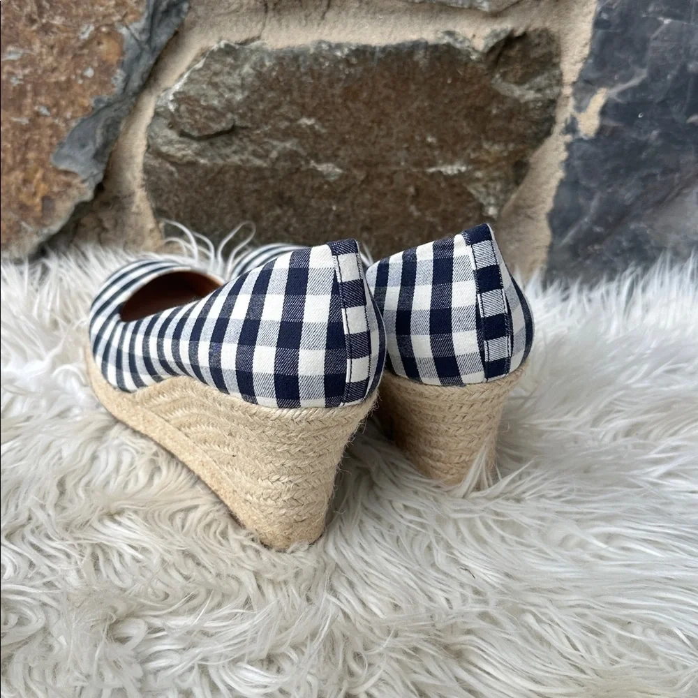 J. Crew Factory Gingham Print Espadrille Wedges in Navy Blue/Ivory Size 10